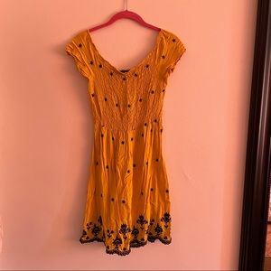 Love Tree Yellow Smocked Off The Shoulder Dress Dark Navy Blue Floral Stitching